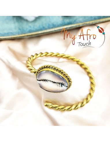 Bracelet jonc torsadé avec cauri marron