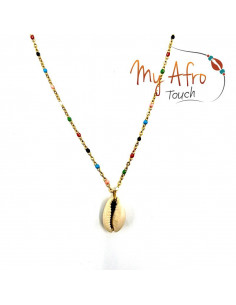 Collier chaine perlée colorée avec pendentif cauri naturel 2
