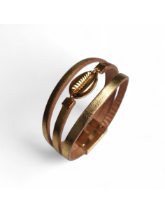 manchette femme multi liens en cuir doré avec cauri doré