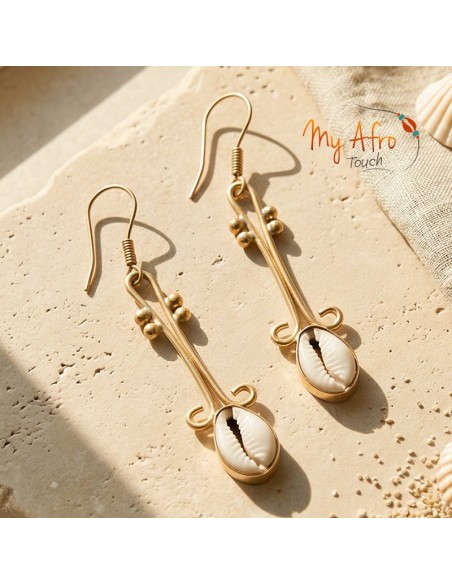 Boucles d’oreilles fines en bronze et cauri – Lior | My Afro Touch
