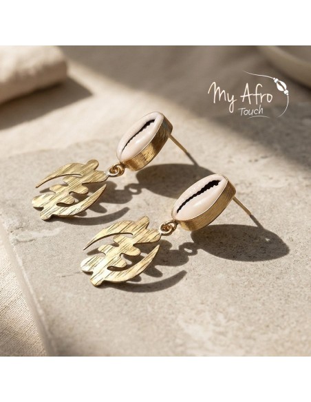 Boucles d’oreilles bronze et cauri symbole Gye Nyame | My Afro Touch