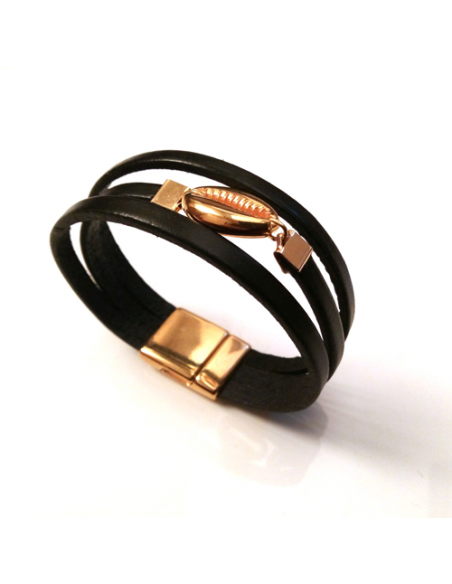 manchette femme multi liens en cuir noir avec cauri doré