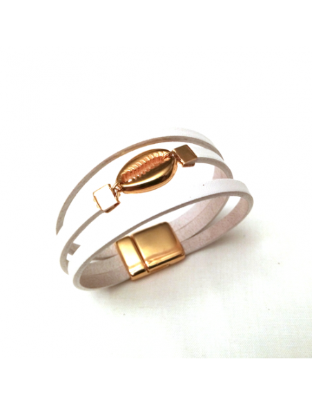 manchette femme multi liens en cuir blanc avec cauri doré